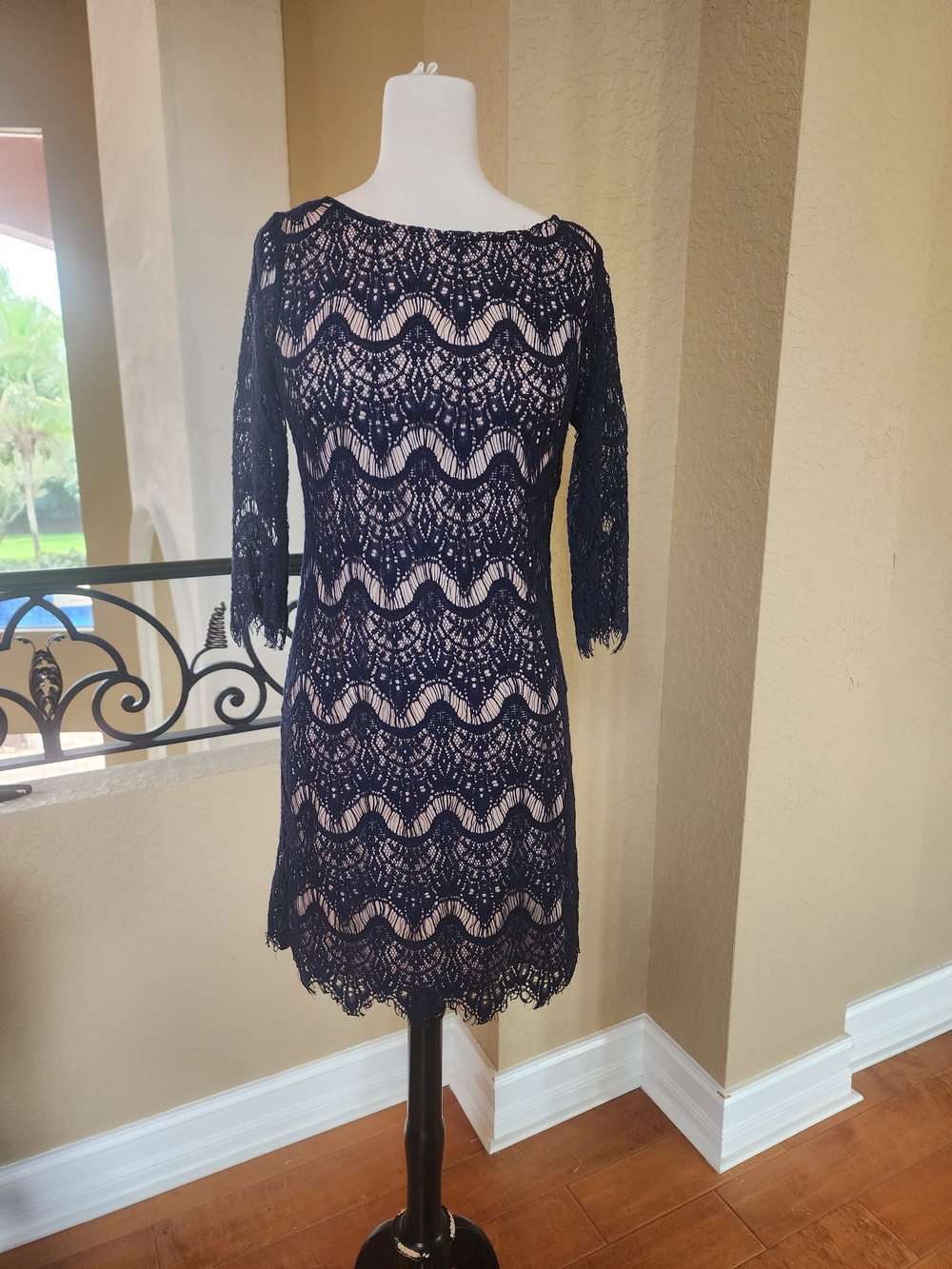 Black Lace Long-Sleeve Sheath Dress with Nude Lining